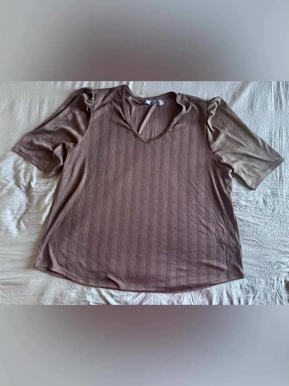 Lands' End Black V-Neck Ribbed Short-Sleeve Top w/ Puffed Sleeves - Size XXL